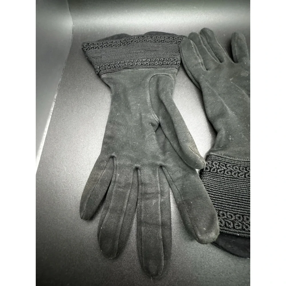 Mid Century Black‎ Nylon Gloves With Decorative Cuff By Hanser - Size 7